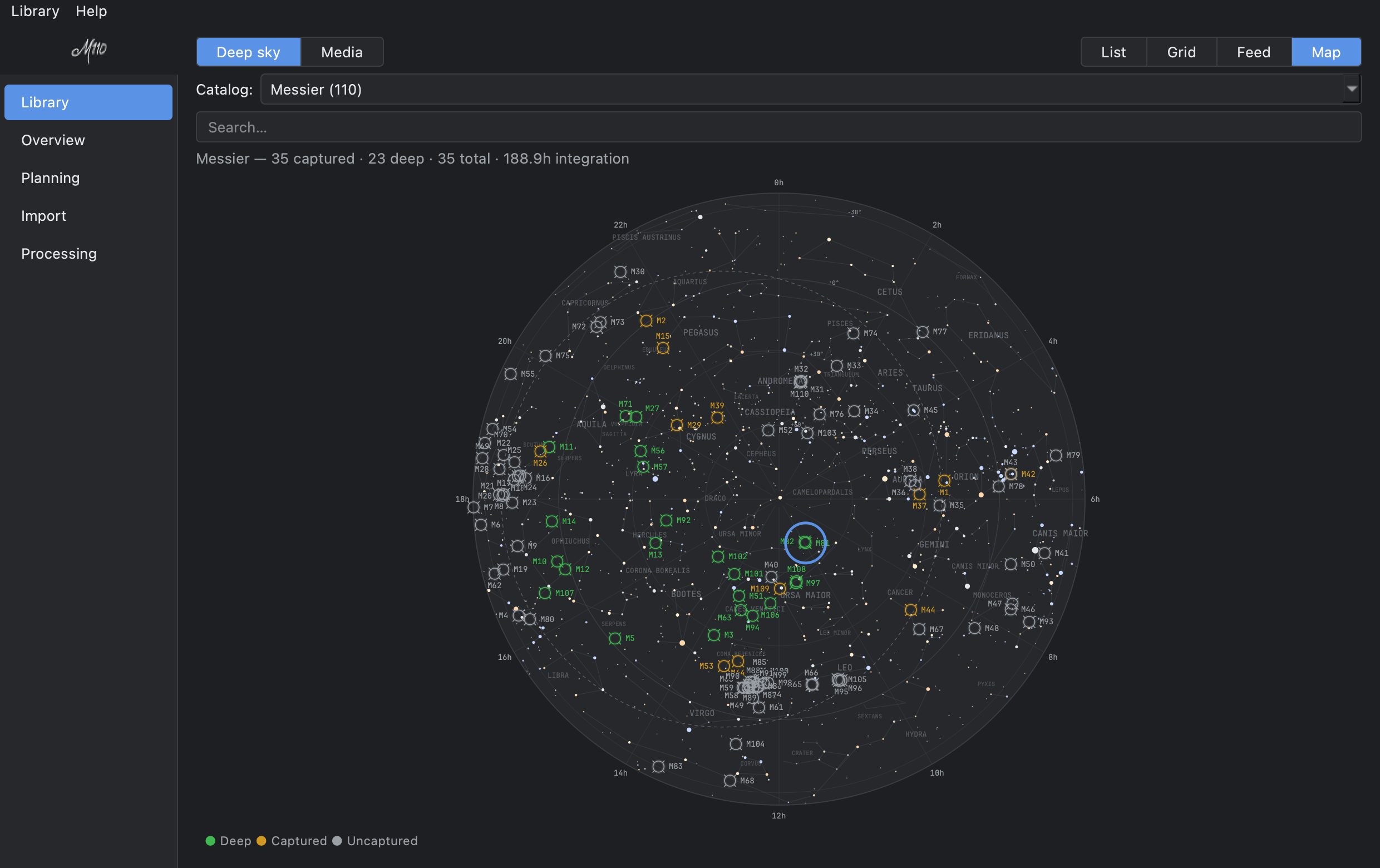 M110's sky map — the Messier catalog plotted on a star chart, with captured objects in green and amber and the rest of the goal in grey